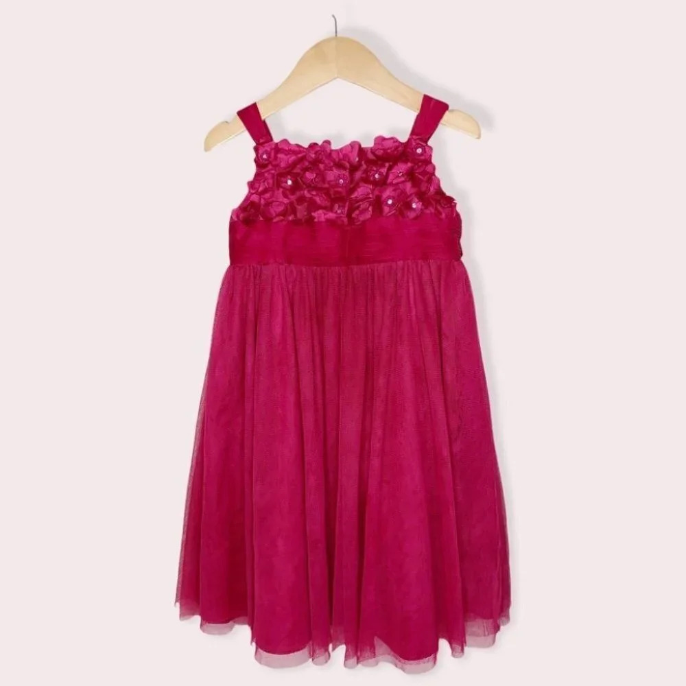 Monsoon dress sleeveless magenta pink tulle with fabric flowers size 3-4 years‎